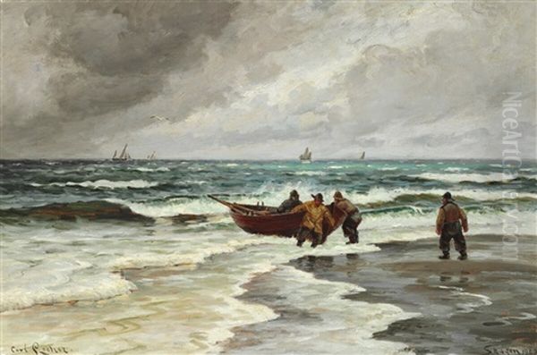 Fishermen At Their Boat On The Beach Oil Painting by Carl Locher