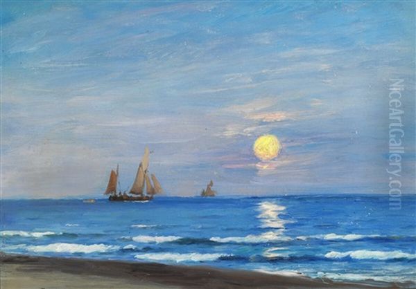 Sailing Boats Off The Coast, Full Moon Oil Painting by Carl Locher