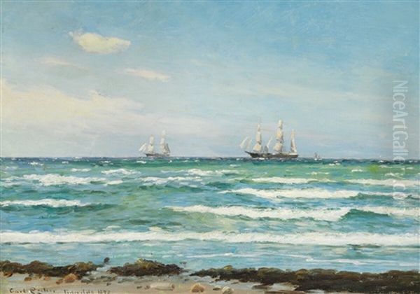 Summer Day With Sailing Ships Off The Coast Oil Painting by Carl Locher