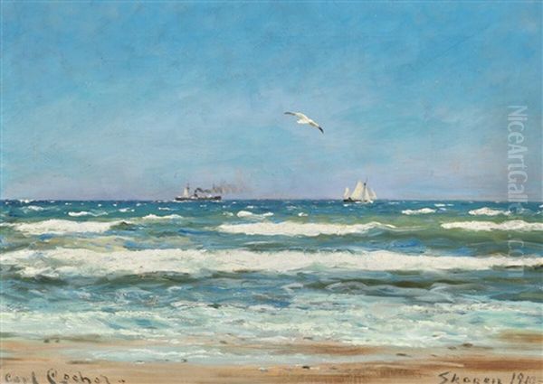 Summer Day With Ships Off The Coast Oil Painting by Carl Locher