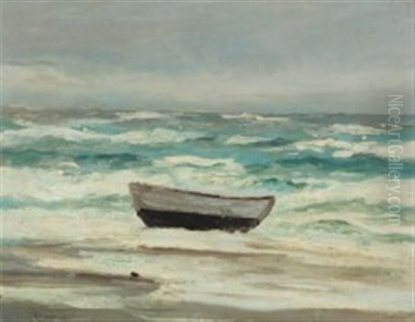 Coastal Scenery With Breaking Waves And A Boat On The Beach Oil Painting by Carl Locher