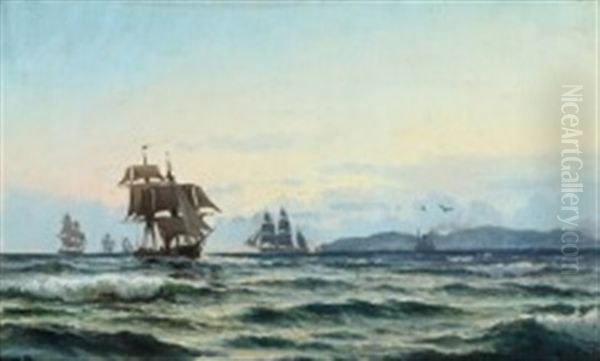 Ships On The Sound, Presumably By Kullen Oil Painting by Carl Locher