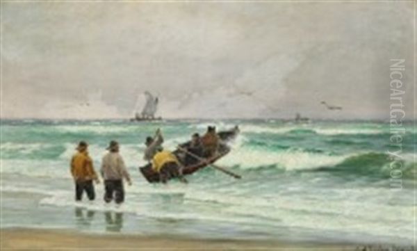 Fishermen On Skagen Beach Oil Painting by Carl Locher