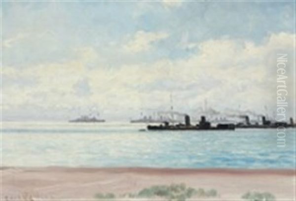 Coast Scenery With Warships Oil Painting by Carl Locher