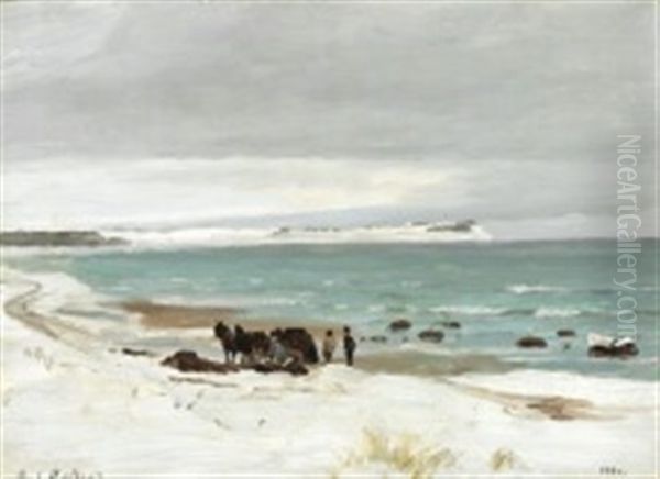 Winter Day At Hornbaek With Men Collecting Seaweed Oil Painting by Carl Locher