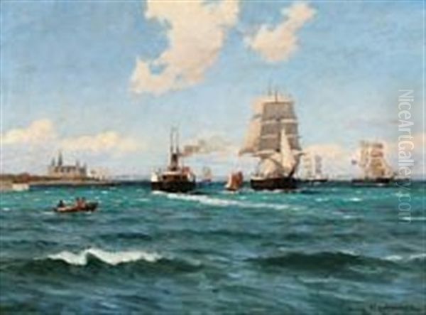 Sailing Ships And A Ferry Off Kronborg Castle, Elsinore Oil Painting by Carl Locher