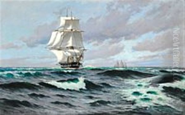 A Danish Frigate In Fresh Breeze In Open Seas Oil Painting by Carl Locher
