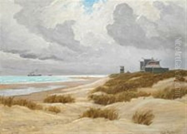 Windswept Sand Dunes At Grenen With The Old Skagen Seaside Hotel Oil Painting by Carl Locher
