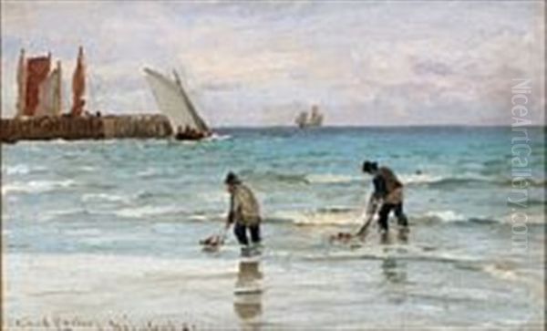 Coastal Scene From Hornbaek With Two Fishermen Oil Painting by Carl Locher