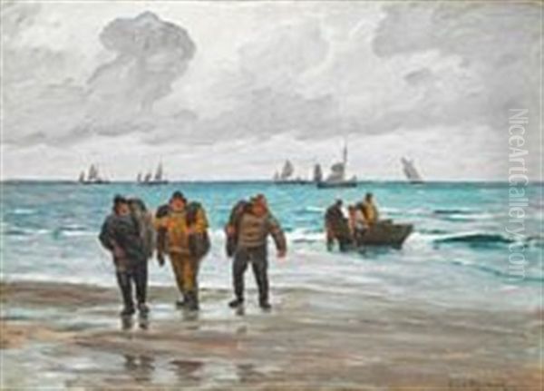 Coastal Scene With Fishermen Pulling The Boat Up On Shore Oil Painting by Carl Locher