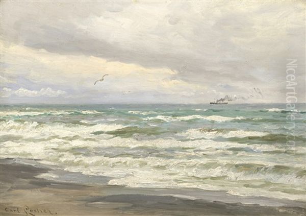 Bewegte See Am Strand, Am Horizont Ein Dampfschiff Oil Painting by Carl Locher