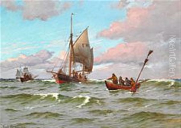 Fishing Boats At Sea Oil Painting by Carl Locher