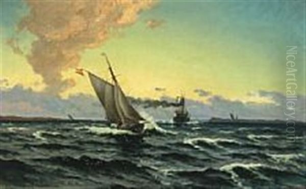 Seascape With Ships At Sea Oil Painting by Carl Locher