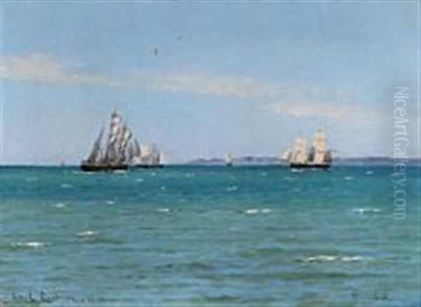 Seascape With Sailing Ships Out Shore Hornbaek Oil Painting by Carl Locher