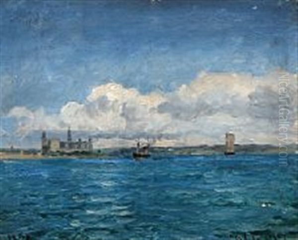 Sailing Ships Out Shore Kronborg Castle Oil Painting by Carl Locher