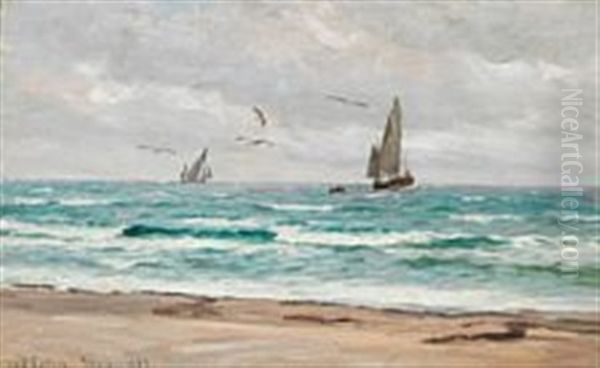 Sailing Ships Off The Coast Of Skagen Oil Painting by Carl Locher