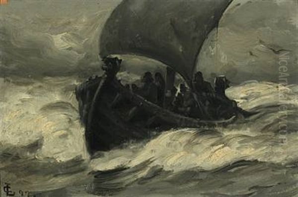 Viking Ship With Fishermen Sailing Through The Surf Oil Painting by Carl Locher