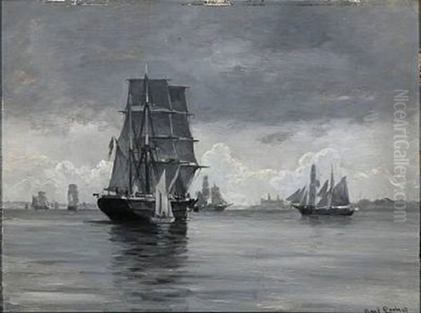 Seascape With Numerous Sailing Ships Off Kronborg Oil Painting by Carl Locher