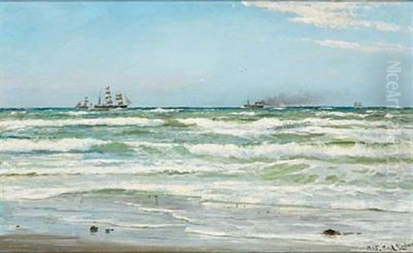 Summer Day At Skagen With Numerous Ships On The Sea Oil Painting by Carl Locher