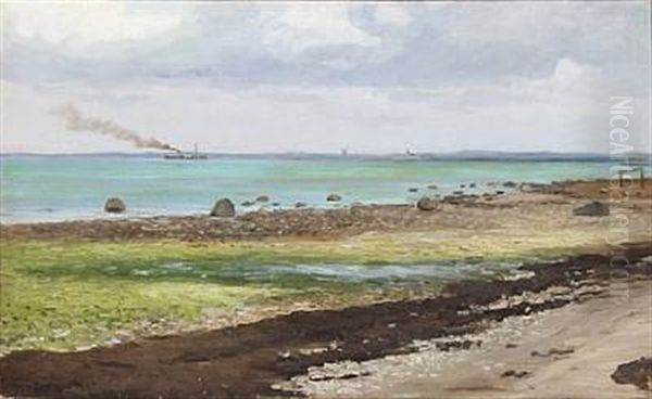 Beach Scene, Nordsjaelland, In The Background The Coast Of Sweden Oil Painting by Carl Locher