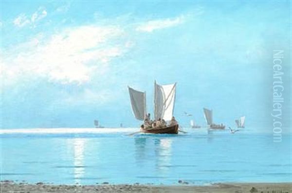 Coastal Scene With Fishermen On Their Way Out To The Sea Oil Painting by Carl Locher