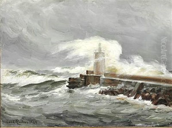 Havnemolen. Sonden Storm. Skagen Oil Painting by Carl Locher