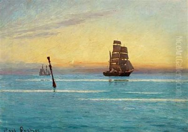Sunset Over The Sea With Sailing Ships Oil Painting by Carl Locher