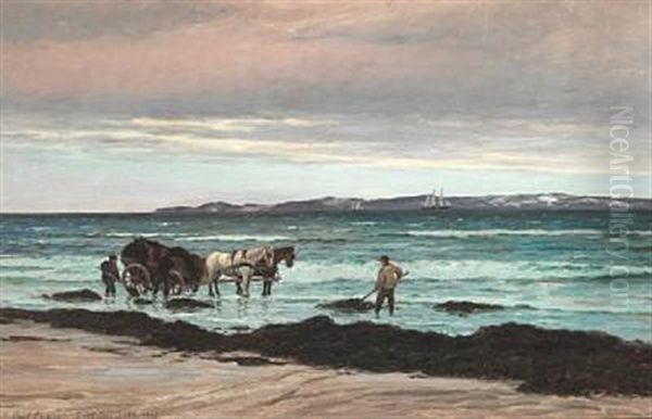 Coastal Scene With Seaweed Collectors, In The Background, Sailing Ships Oil Painting by Carl Locher