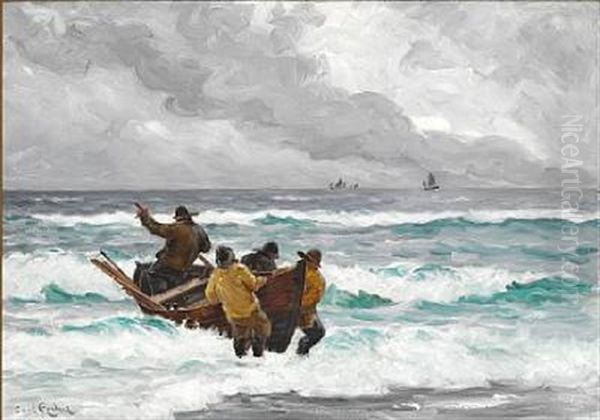 Four Fishermen With Their Boat In High Breakers Off Skagen Oil Painting by Carl Locher