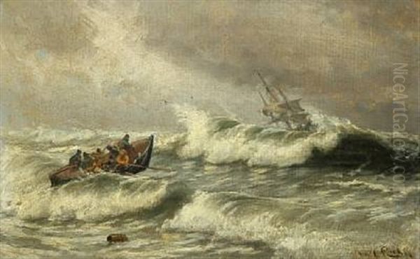 The Lifeboat Is On Its Way Out Into The Rough See To Rescue A Beached Ship Oil Painting by Carl Locher