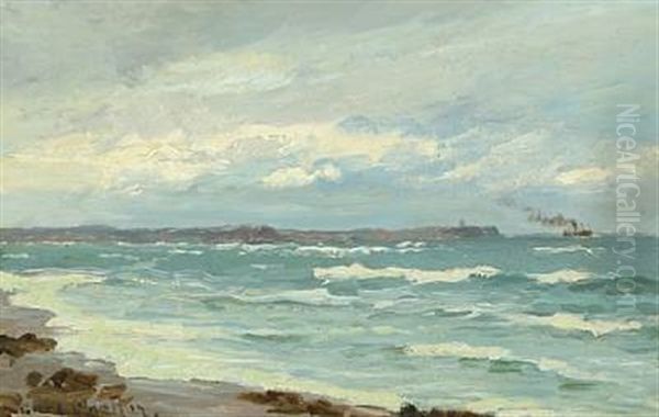 Seascape With Steamship On The Horizon Oil Painting by Carl Locher