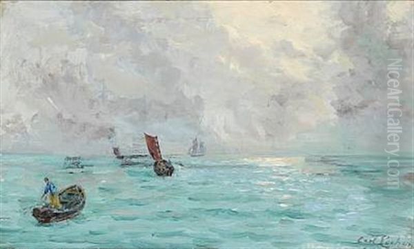 Sailing Ships And Fishermen In A Boat Oil Painting by Carl Locher