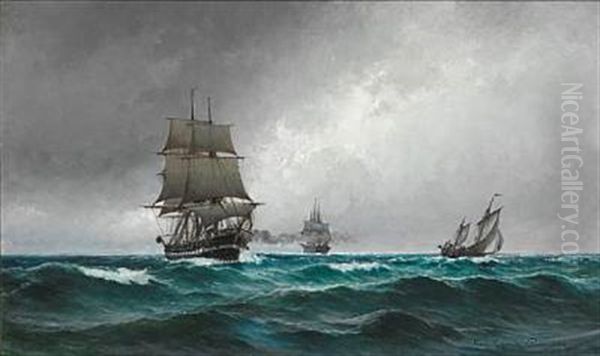 Quiet Evening In The North Sea With The Frigate Jylland Surrounded By Ships Oil Painting by Carl Locher