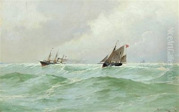Seascape With Ships In Mountainous Seas Oil Painting by Carl Locher
