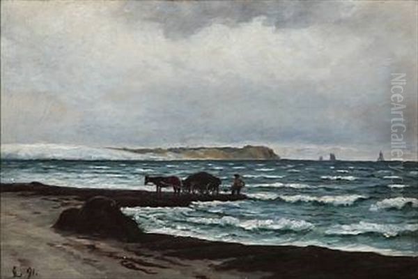 Beach Scene With A Seaweed Collector Oil Painting by Carl Locher
