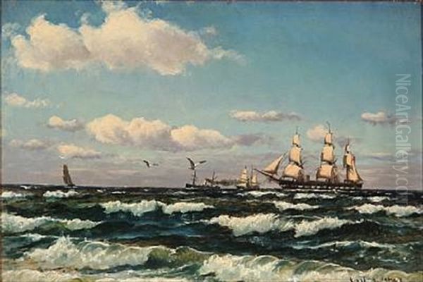 Breakers With Sailing Ships At Sea Oil Painting by Carl Locher