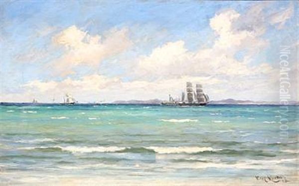 Coastal Scene From Hornbaek, Denmark With Sailing Ships Oil Painting by Carl Locher