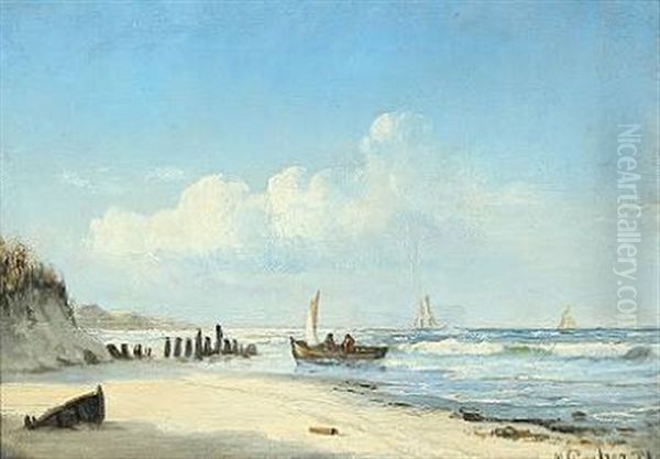 Seashore With Fishermen And A Wavebreaker Oil Painting by Carl Locher