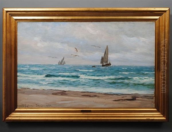 Sailing Vessels Off The Coast Oil Painting by Carl Locher