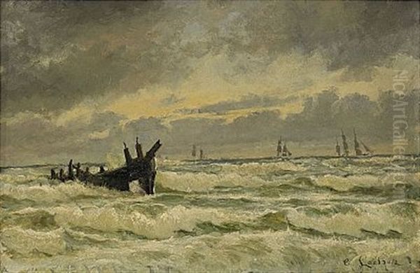 Kustvy Med Segelbatar Vid Horisonten Oil Painting by Carl Locher