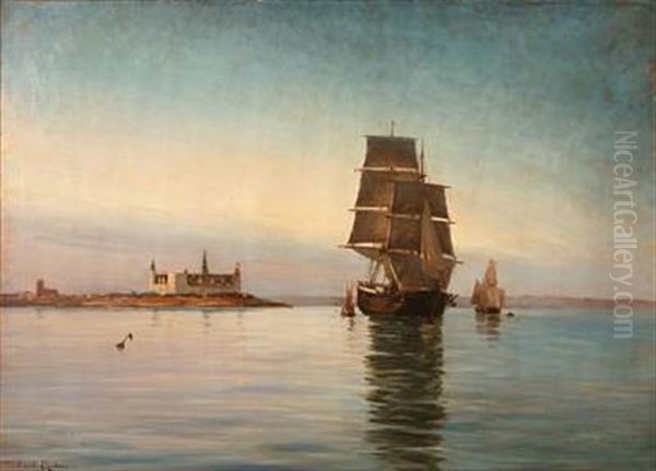 Sailing Ships Off The Coast Of Elsinore Castle Oil Painting by Carl Locher