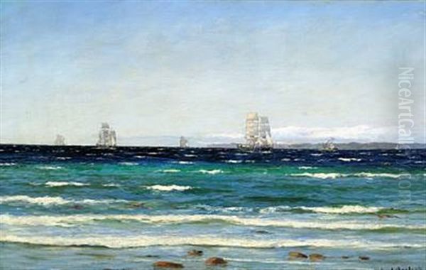 Hornbaek Beach. Ships In The Sound, In The Background Kullen Oil Painting by Carl Locher