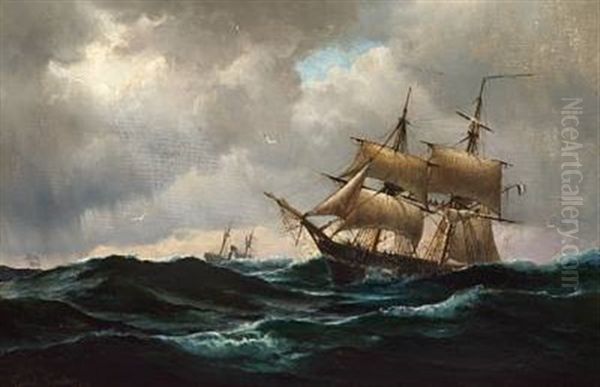 A French Brig On The Open Sea Oil Painting by Carl Locher