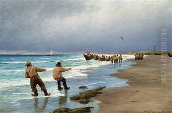 Fishermen On Skagen Beach - The Lifeboat Is Being Pulled Ashore Oil Painting by Carl Locher