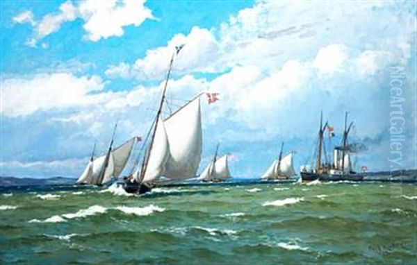Ships In Escadre, Strong Breeze, Off The Shore Of Bjornsknude By Juelsminde Oil Painting by Carl Locher