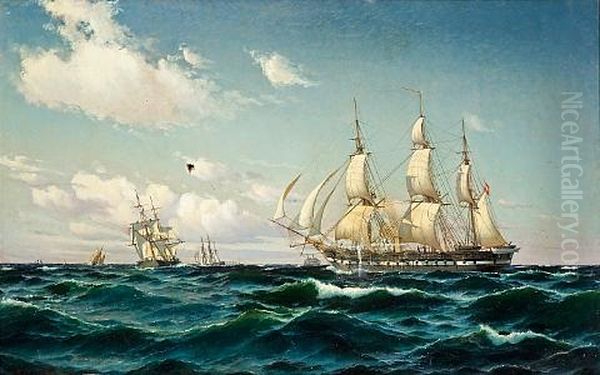 The Frigate "fyen" In A Light Breeze Oil Painting by Carl Locher