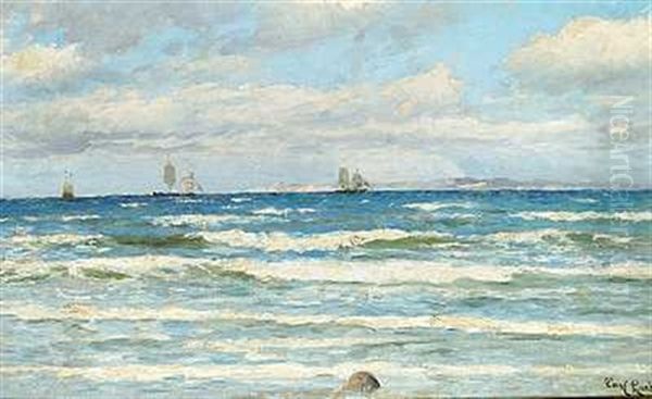 Kystparti Med Braekkende Bolger Og Skibe For Sejl Oil Painting by Carl Locher