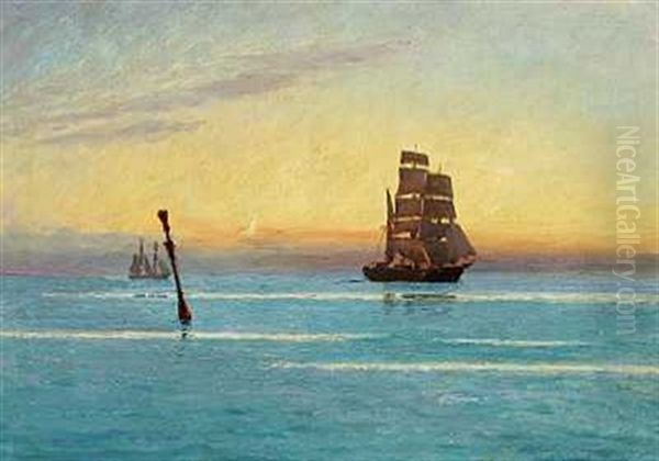 Solnedgang Over Havet Med Sejlskibe I Horisonten Oil Painting by Carl Locher