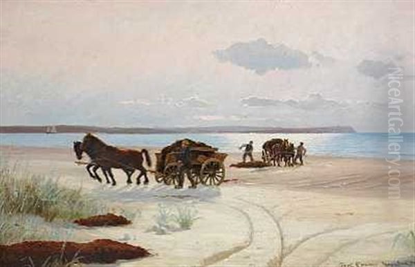 Fiskere Samler Tang Pa Hestekaerrer Oil Painting by Carl Locher