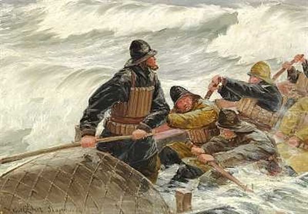 Redningsbaaden Gaaer Ud. Forrygende Storm. Motivet Fra Skagen Oil Painting by Carl Locher